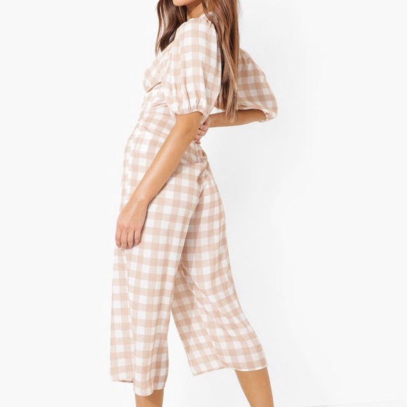 Beige gingham jumpsuit cropped - Picture 5 of 5